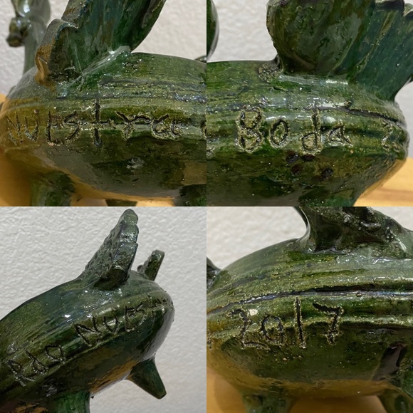 Unique Green Clay Pottery Animal Sculpture Peacock Footed Dish Planter Decor - Picture 12 of 15